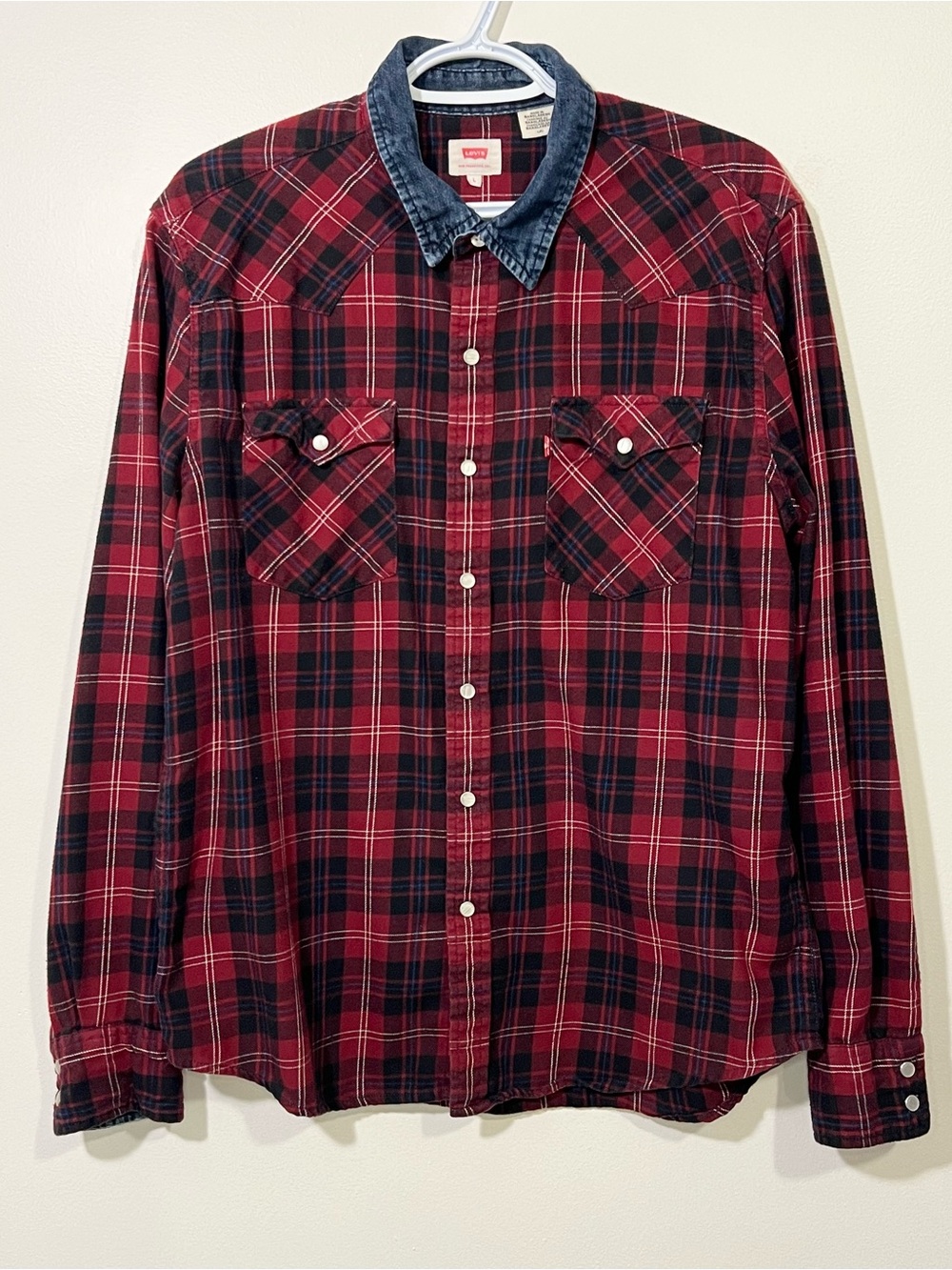 Levis Classic Western Red Plaid Checkered Flannel Shirt Denim Collar